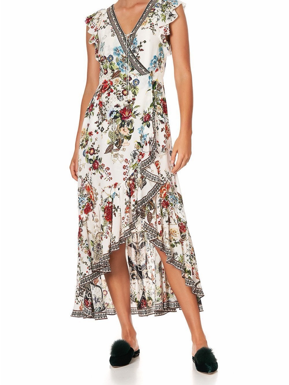 Camilla Ivory Floral Asymmetrical Wrap Maxi Dress